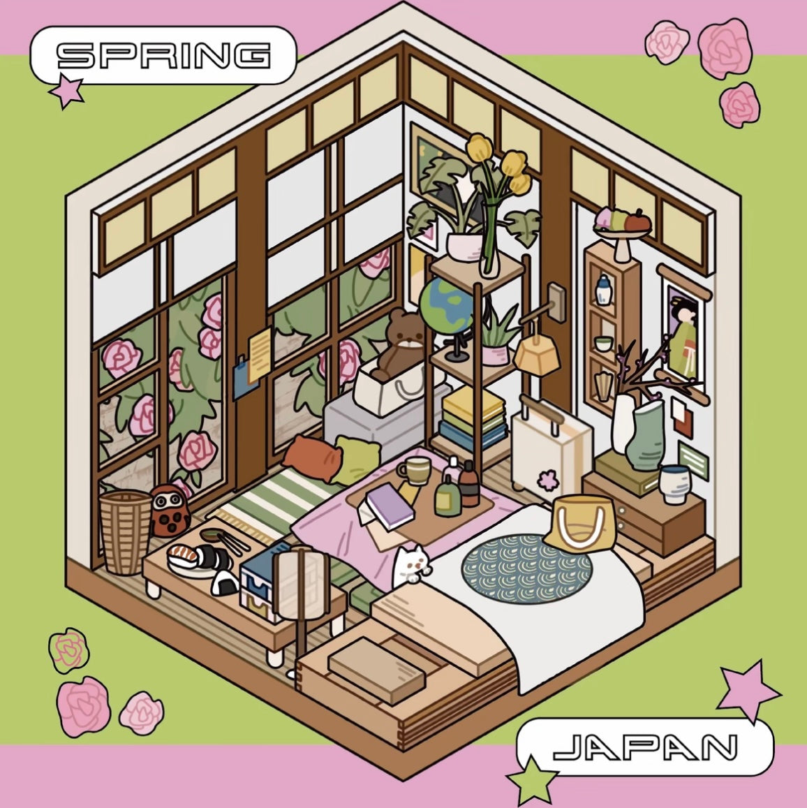 #038 Two People Cultural and Creative Travel Diary of Spring, Summer, Autumn and Winter DIY 3D Scene Stickers 4 Cute Miniature Scenes(M)