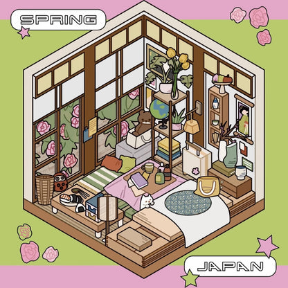 #038 Two People Cultural and Creative Travel Diary of Spring, Summer, Autumn and Winter DIY 3D Scene Stickers 4 Cute Miniature Scenes(M)