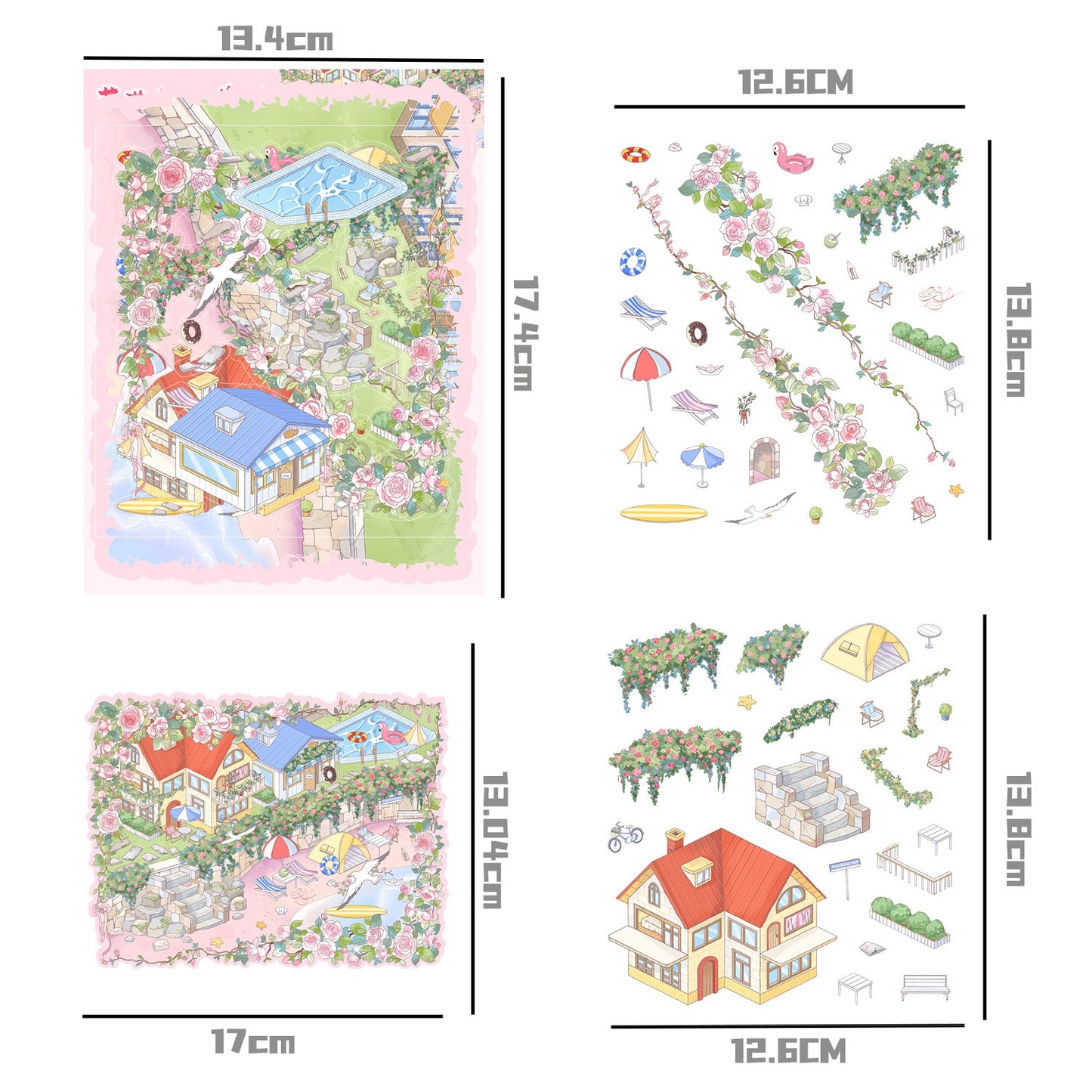 #015 Cartoon Rose Seaside Resort  DIY 3D Scene Stickers Miniature Scenes(S)