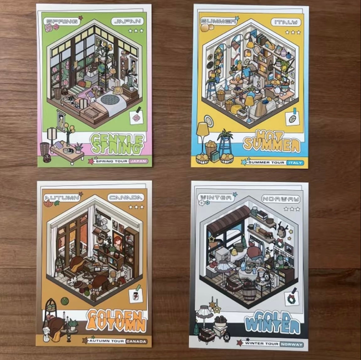 #038 Two People Cultural and Creative Travel Diary of Spring, Summer, Autumn and Winter DIY 3D Scene Stickers 4 Cute Miniature Scenes(M)