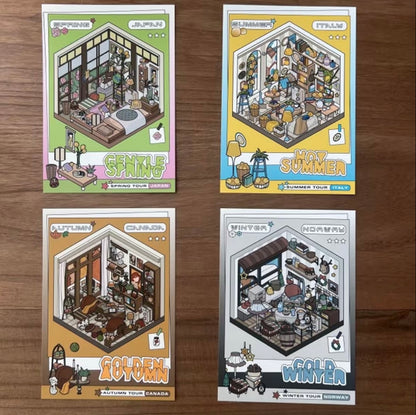 #038 Two People Cultural and Creative Travel Diary of Spring, Summer, Autumn and Winter DIY 3D Scene Stickers 4 Cute Miniature Scenes(M)