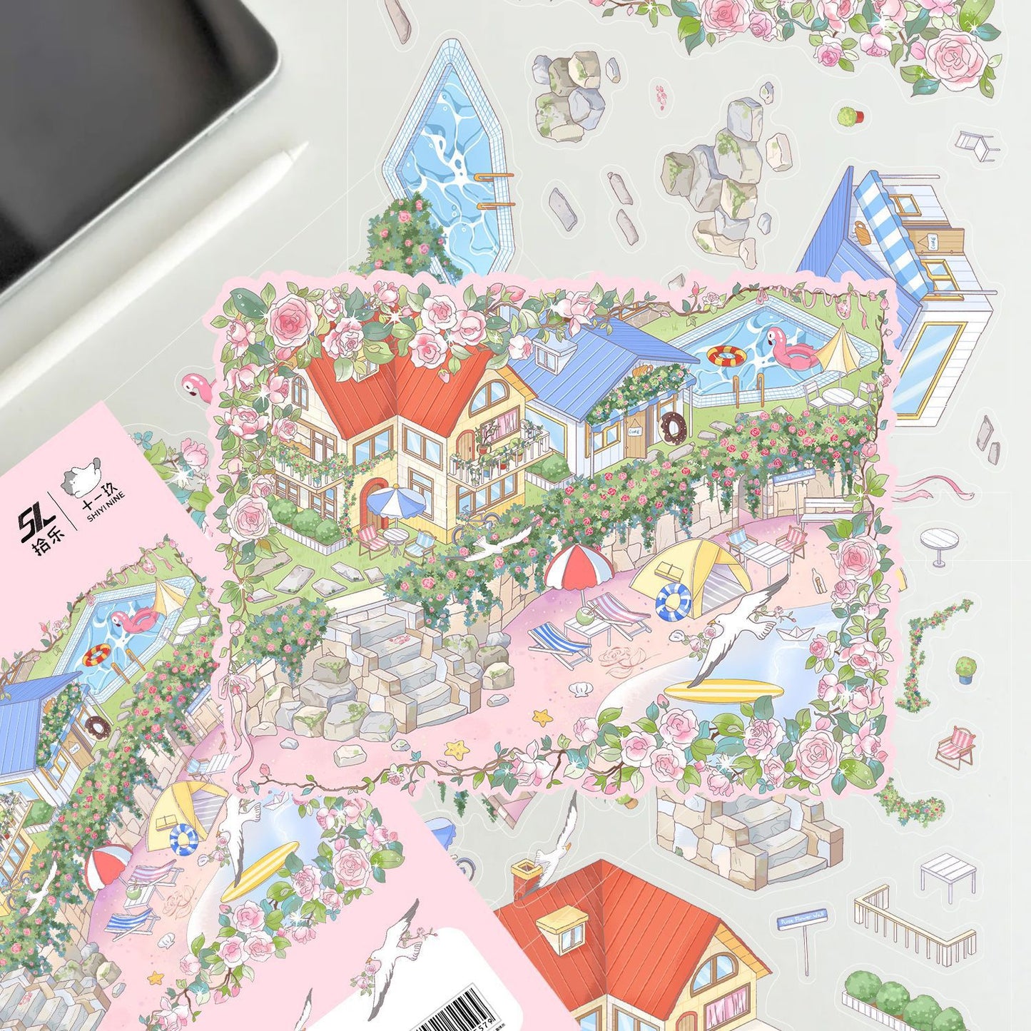 #015 Cartoon Rose Seaside Resort  DIY 3D Scene Stickers Miniature Scenes(S)