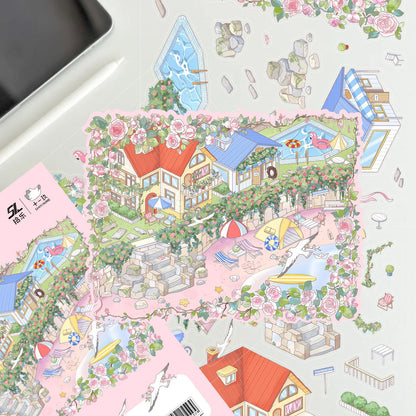 #015 Cartoon Rose Seaside Resort  DIY 3D Scene Stickers Miniature Scenes(S)