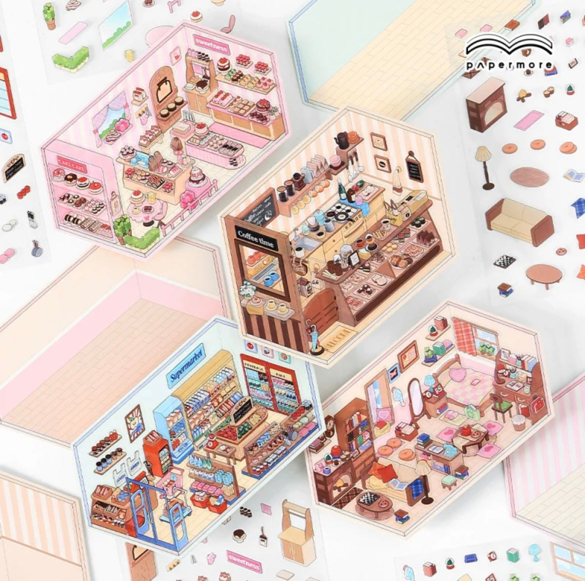 #006 Paper More Cozy Nook PET DIY 3D Scene Stickers 4 Miniature Scenes(S)