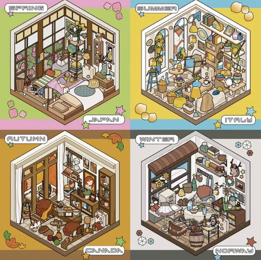 #038 Two People Cultural and Creative Travel Diary of Spring, Summer, Autumn and Winter DIY 3D Scene Stickers 4 Cute Miniature Scenes(M)