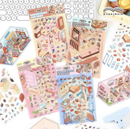 #006 Paper More Cozy Nook PET DIY 3D Scene Stickers 4 Miniature Scenes(S)