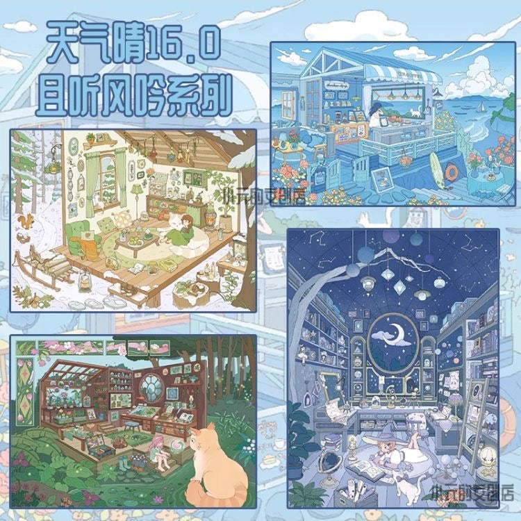 #041 Sunny Weather 16.0 Listening to the Wind Series DIY 3D Scene Stickers 4 Cute Miniature Scenes(L)