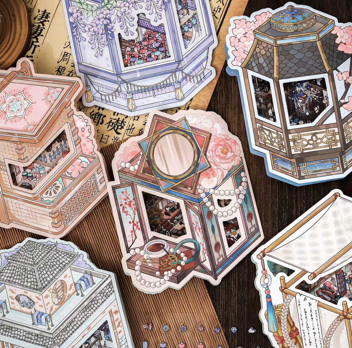 #016 Floating Life Serenity Series Creative Flip  DIY 3D Scene Stickers 4 Miniature Scenes(M)