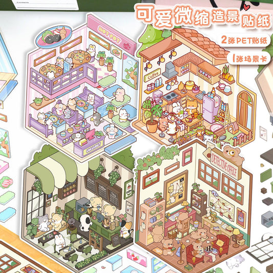 #802 Cute Pet Shop DIY 3D Scene Stickers 4 Cute Miniature Scenes(S)